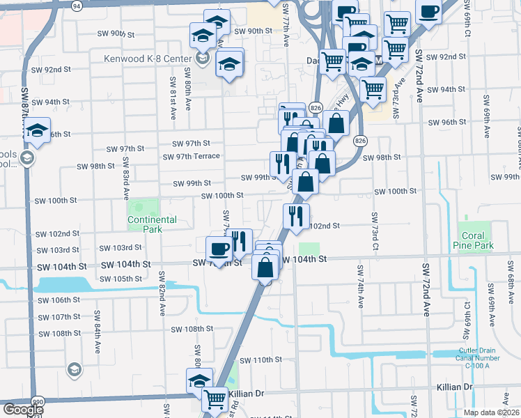 map of restaurants, bars, coffee shops, grocery stores, and more near 10047 Southwest 77th Court in Miami