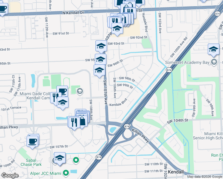 map of restaurants, bars, coffee shops, grocery stores, and more near 10620 Southwest 99th Street in Miami
