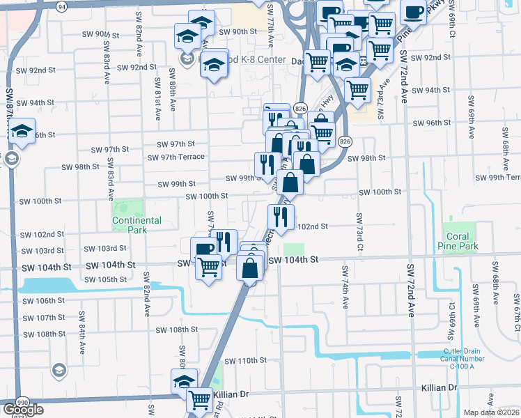 map of restaurants, bars, coffee shops, grocery stores, and more near 10047 Southwest 77th Court in Miami