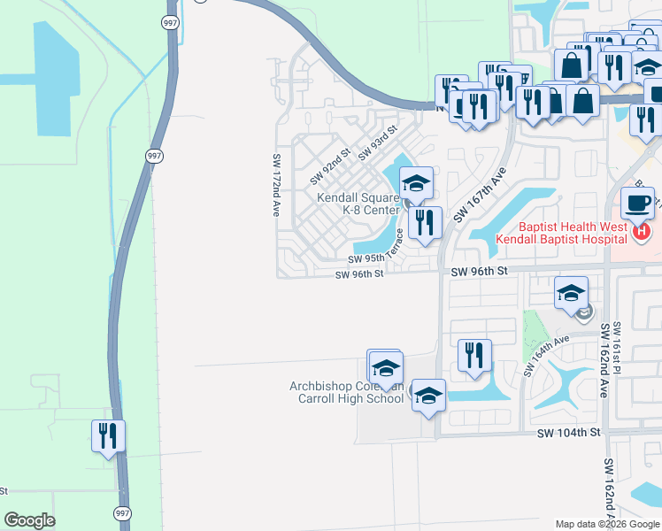 map of restaurants, bars, coffee shops, grocery stores, and more near 17094 Southwest 95th Terrace in Miami