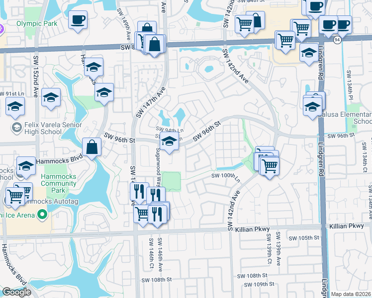 map of restaurants, bars, coffee shops, grocery stores, and more near 16032 Southwest 96th Terrace in Miami