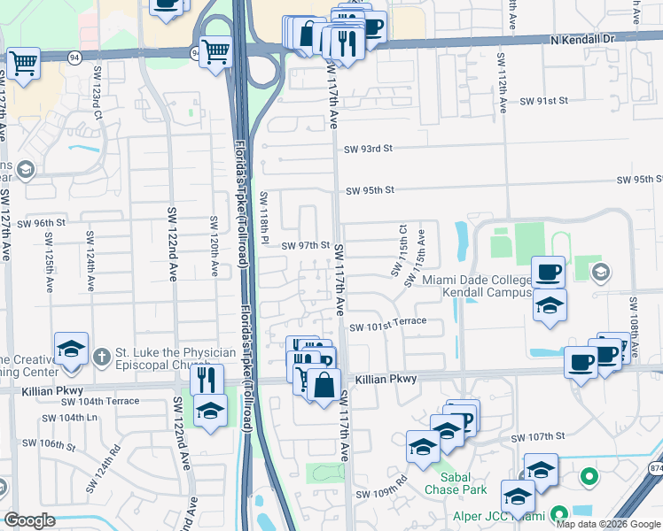 map of restaurants, bars, coffee shops, grocery stores, and more near 9838 Southwest 117th Court in Miami
