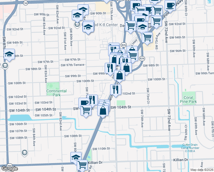 map of restaurants, bars, coffee shops, grocery stores, and more near 10047 Southwest 77th Court in Miami
