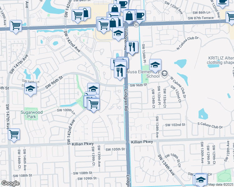 map of restaurants, bars, coffee shops, grocery stores, and more near 9628 Southwest 138th Avenue in Miami