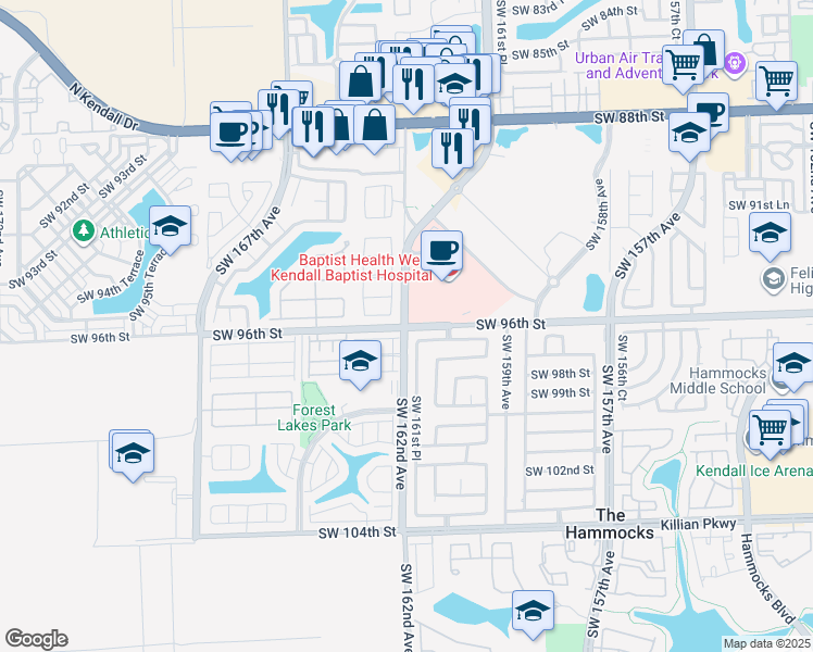 map of restaurants, bars, coffee shops, grocery stores, and more near SW 162nd Ave & SW 96th St in Miami