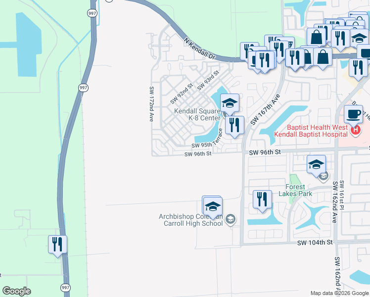 map of restaurants, bars, coffee shops, grocery stores, and more near 17094 Southwest 95th Terrace in Miami
