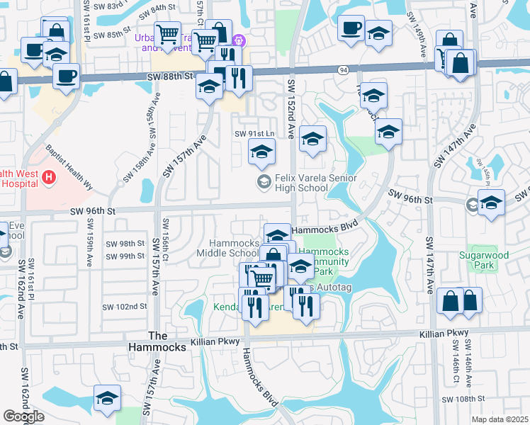 map of restaurants, bars, coffee shops, grocery stores, and more near 9722 Hammocks Boulevard in Miami