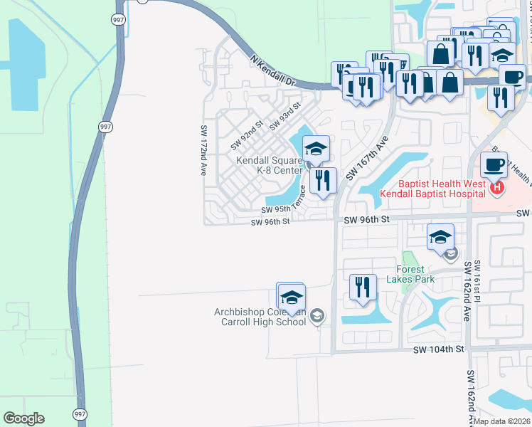 map of restaurants, bars, coffee shops, grocery stores, and more near 17020 Southwest 95th Terrace in Miami