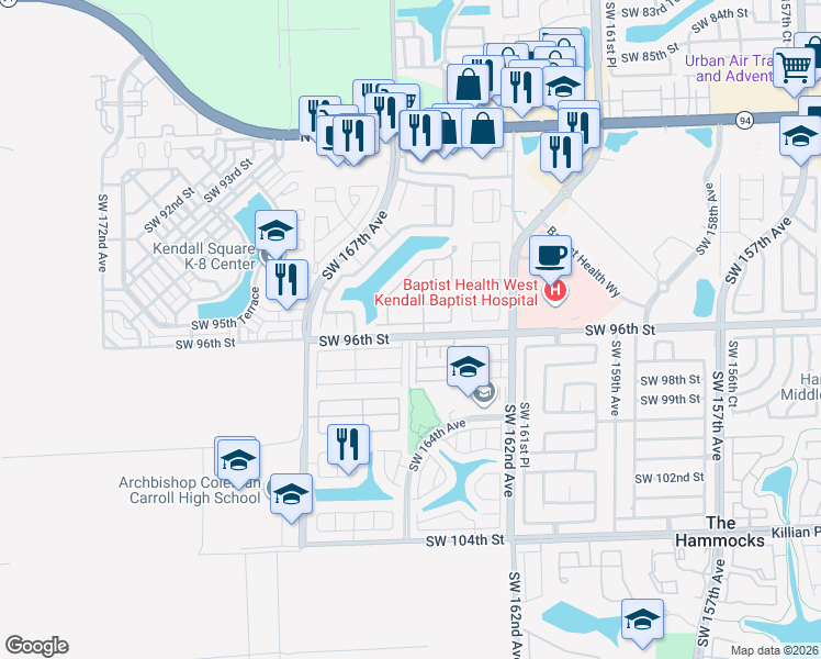 map of restaurants, bars, coffee shops, grocery stores, and more near 16412 Southwest 95th Lane in Miami