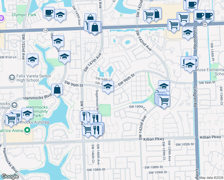 map of restaurants, bars, coffee shops, grocery stores, and more near 9612 Southwest 145th Place in Miami