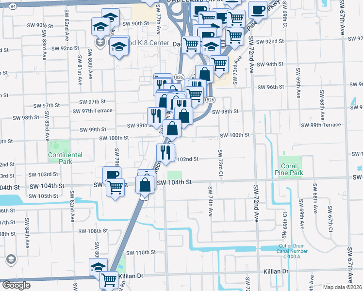 map of restaurants, bars, coffee shops, grocery stores, and more near 10125 Southwest 75th Place in Miami