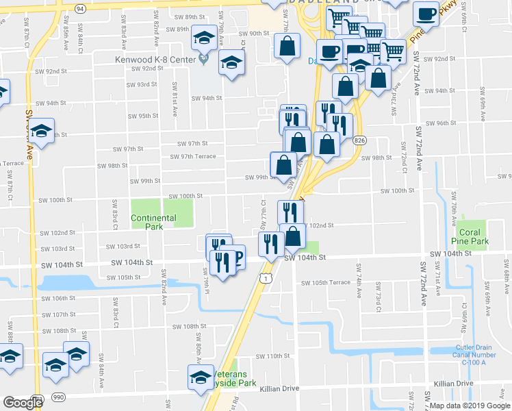 map of restaurants, bars, coffee shops, grocery stores, and more near 10047 Southwest 77th Court in Miami