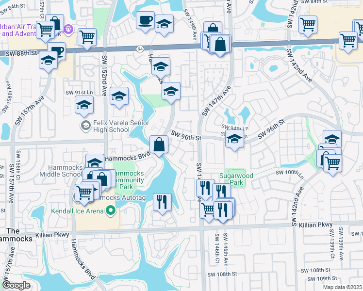 map of restaurants, bars, coffee shops, grocery stores, and more near 9673 Southwest 148th Avenue in Miami