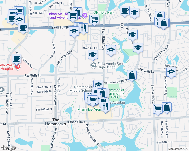 map of restaurants, bars, coffee shops, grocery stores, and more near 9650 Southwest 152nd Avenue in Miami