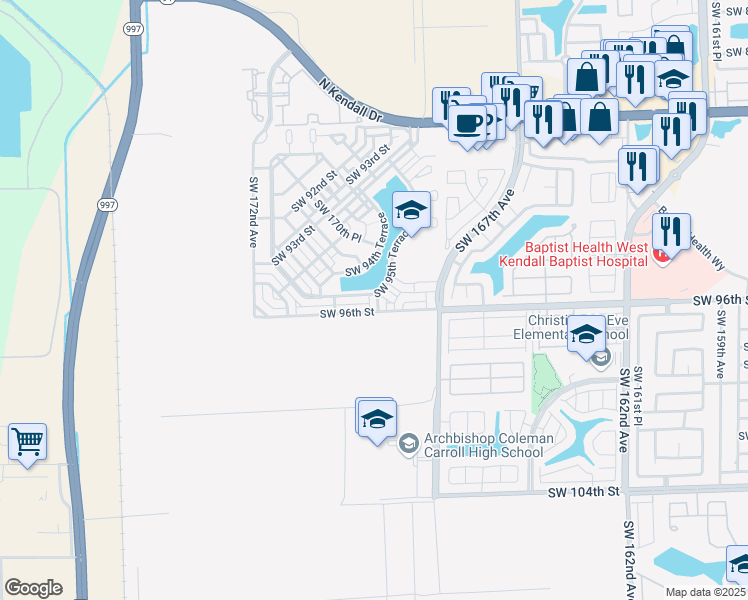 map of restaurants, bars, coffee shops, grocery stores, and more near 17020 Southwest 95th Terrace in Miami