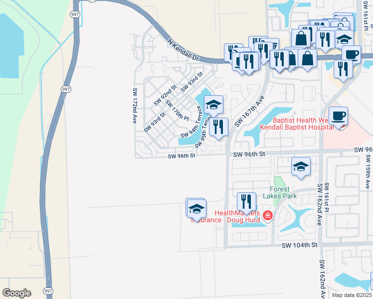 map of restaurants, bars, coffee shops, grocery stores, and more near 17020 Southwest 95th Terrace in Miami