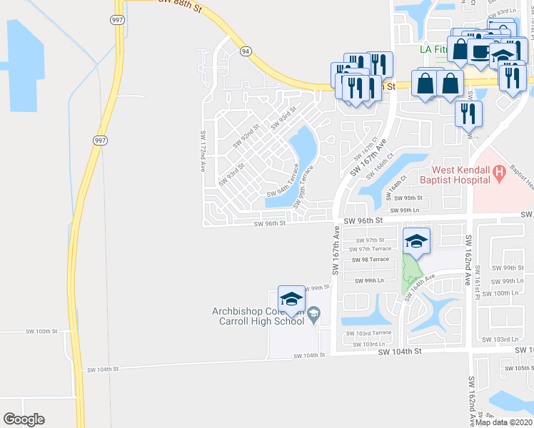 map of restaurants, bars, coffee shops, grocery stores, and more near 17020 Southwest 95th Terrace in Miami