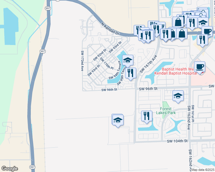 map of restaurants, bars, coffee shops, grocery stores, and more near 17020 Southwest 95th Terrace in Miami