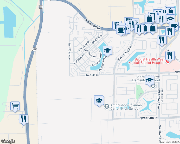 map of restaurants, bars, coffee shops, grocery stores, and more near 17094 Southwest 95th Terrace in Miami