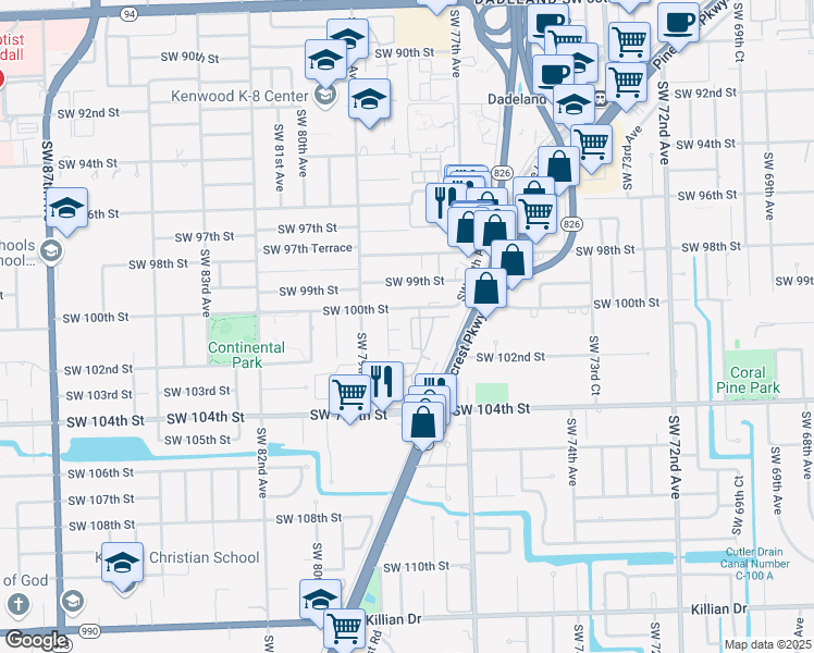 map of restaurants, bars, coffee shops, grocery stores, and more near 10047 Southwest 77th Court in Miami