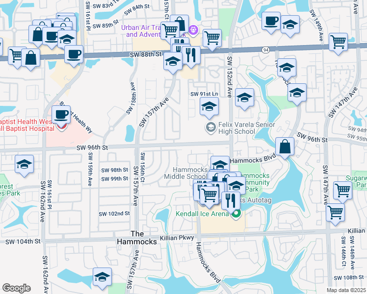 map of restaurants, bars, coffee shops, grocery stores, and more near 15433 Southwest 96th Terrace in Miami