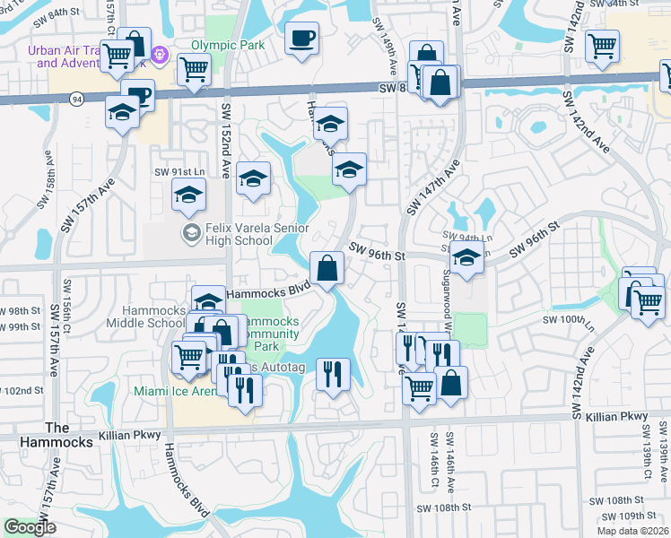 map of restaurants, bars, coffee shops, grocery stores, and more near 9744 Southwest 148th Court in Miami