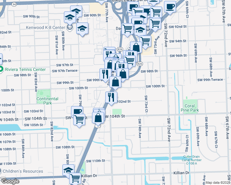 map of restaurants, bars, coffee shops, grocery stores, and more near 10125 Southwest 75th Place in Miami