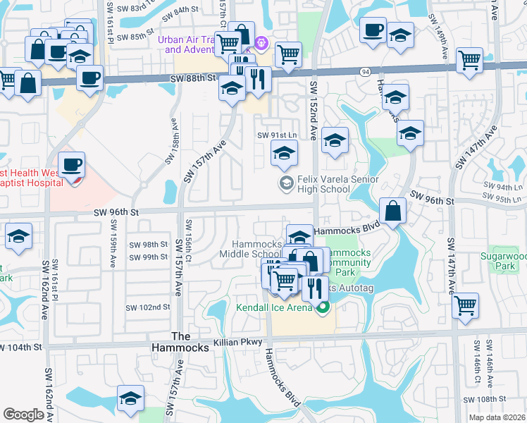 map of restaurants, bars, coffee shops, grocery stores, and more near 9710 Hammocks Boulevard in Miami