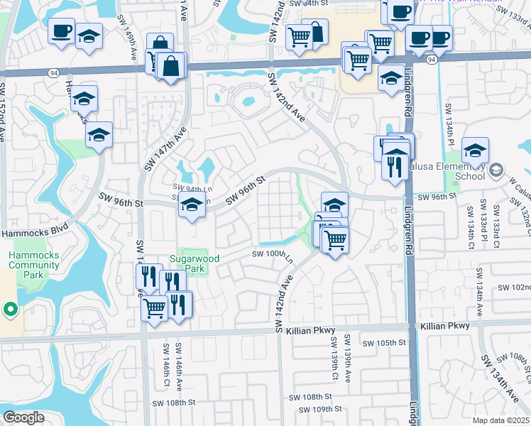 map of restaurants, bars, coffee shops, grocery stores, and more near 14377 Southwest 97th Lane in Miami