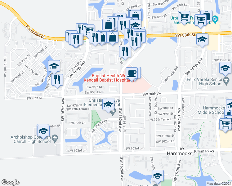 map of restaurants, bars, coffee shops, grocery stores, and more near 16246 Southwest 95th Lane in Miami