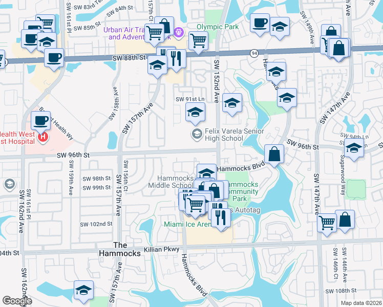 map of restaurants, bars, coffee shops, grocery stores, and more near 9704 Hammocks Boulevard in Miami