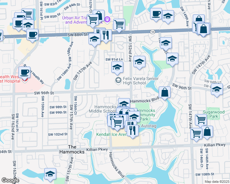 map of restaurants, bars, coffee shops, grocery stores, and more near 9704 Hammocks Boulevard in Miami