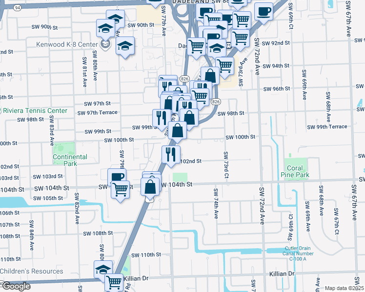 map of restaurants, bars, coffee shops, grocery stores, and more near 10125 Southwest 75th Place in Miami
