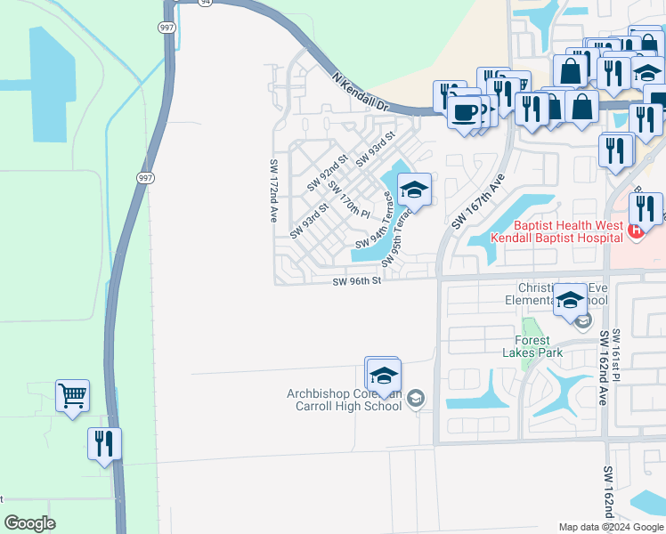 map of restaurants, bars, coffee shops, grocery stores, and more near 17094 Southwest 95th Terrace in Miami