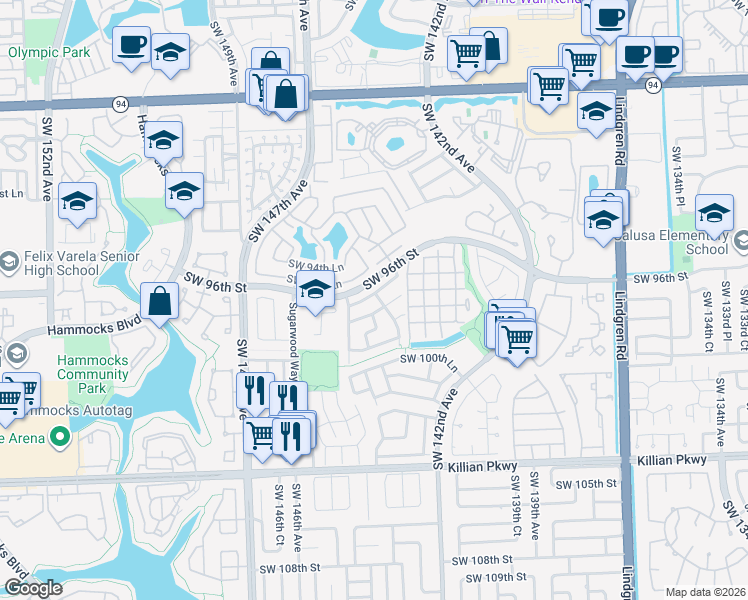 map of restaurants, bars, coffee shops, grocery stores, and more near 14512 Southwest 96th Terrace in Miami