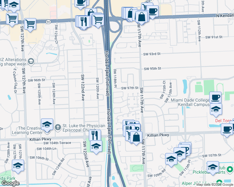 map of restaurants, bars, coffee shops, grocery stores, and more near 11864 Southwest 97th Terrace in Miami