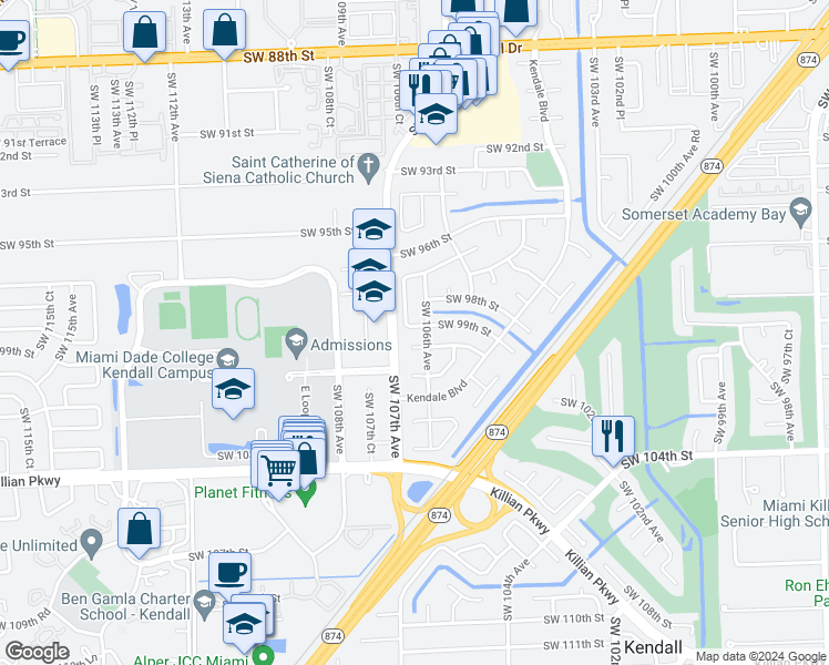 map of restaurants, bars, coffee shops, grocery stores, and more near 10620 Southwest 99th Street in Miami
