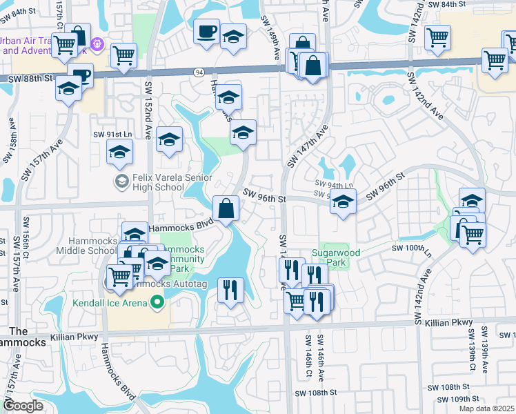map of restaurants, bars, coffee shops, grocery stores, and more near 9673 Southwest 148th Avenue in Miami