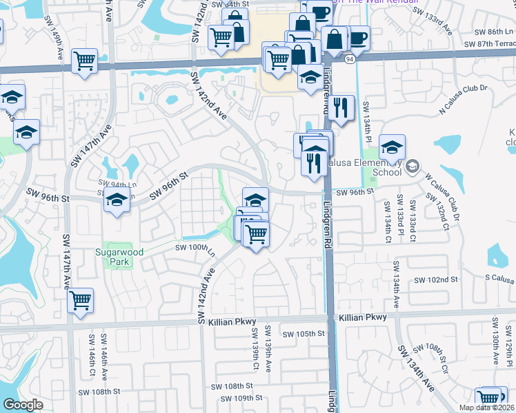map of restaurants, bars, coffee shops, grocery stores, and more near 9645 Southwest 142nd Court in Miami