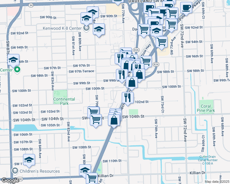 map of restaurants, bars, coffee shops, grocery stores, and more near 10047 Southwest 77th Court in Miami