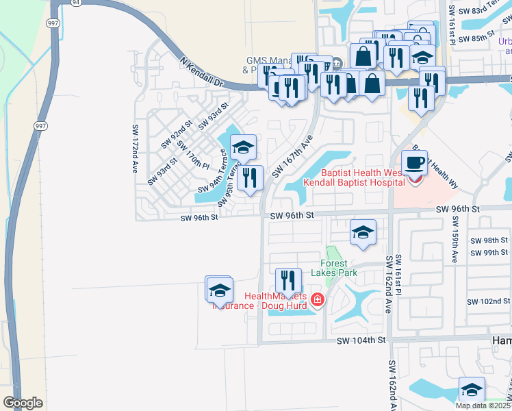 map of restaurants, bars, coffee shops, grocery stores, and more near 9500 Southwest 167th Avenue in Miami