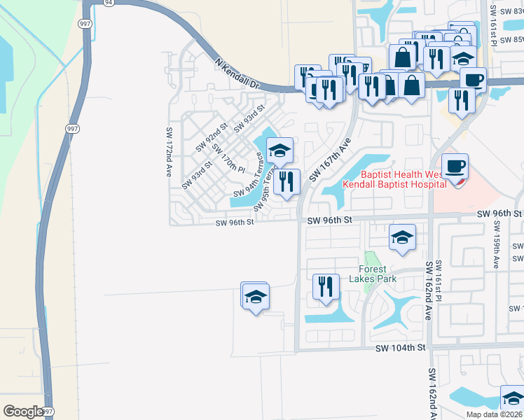 map of restaurants, bars, coffee shops, grocery stores, and more near 16920 Southwest 95th Street in Miami