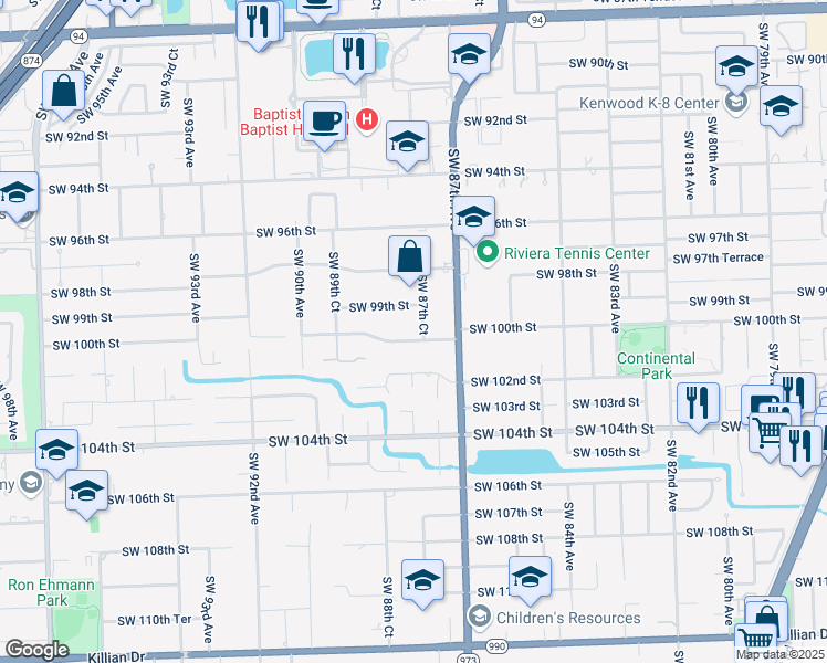 map of restaurants, bars, coffee shops, grocery stores, and more near 8765 Southwest 100th Street in Miami