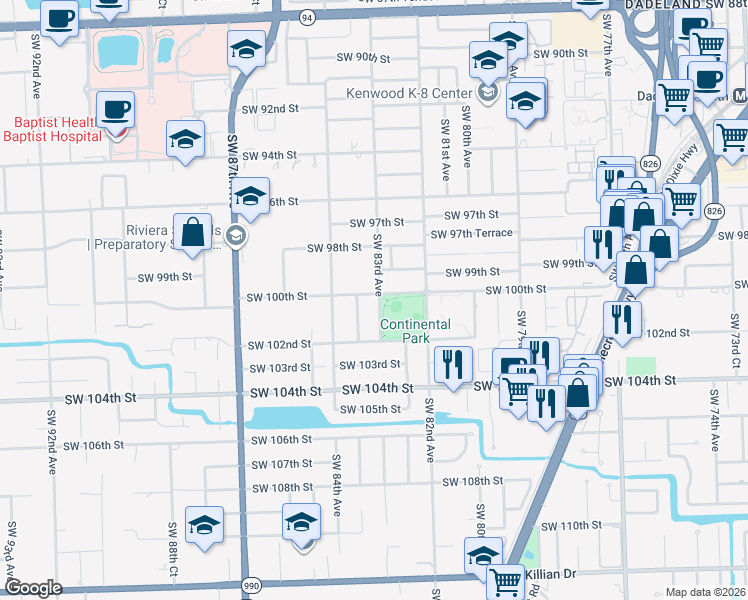 map of restaurants, bars, coffee shops, grocery stores, and more near 10000 Southwest 83rd Avenue in Miami