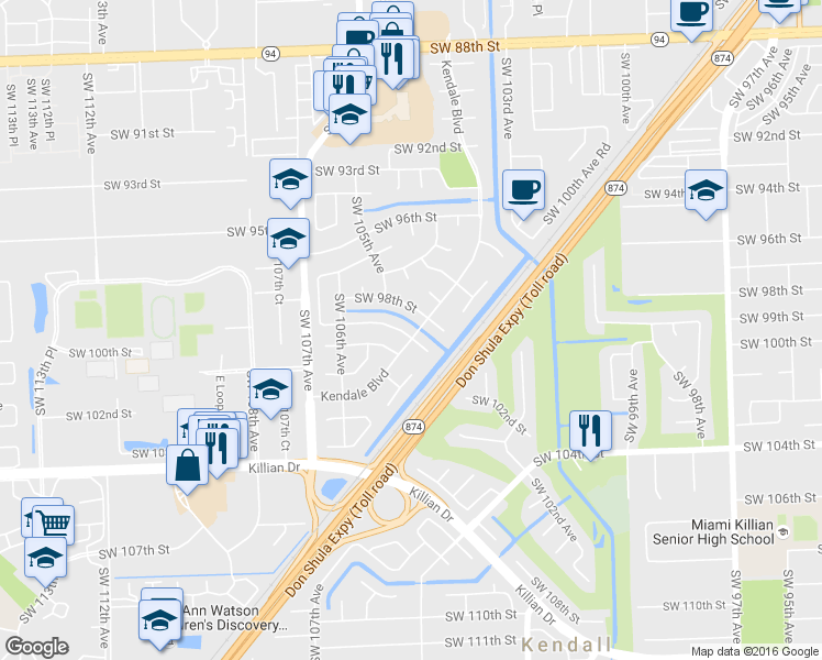 map of restaurants, bars, coffee shops, grocery stores, and more near 10401 Southwest 99th Street in Miami