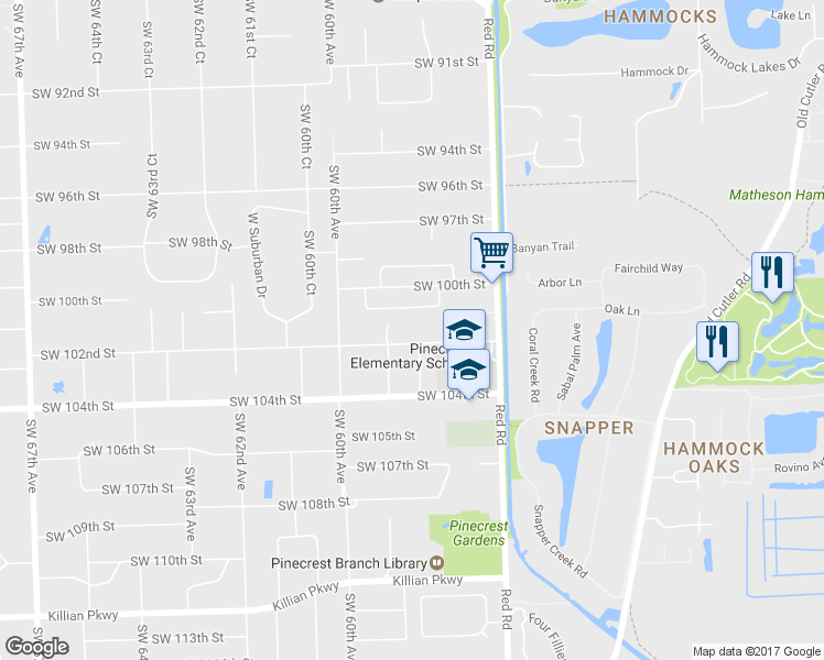 map of restaurants, bars, coffee shops, grocery stores, and more near 5865 Southwest 102nd Street in Miami