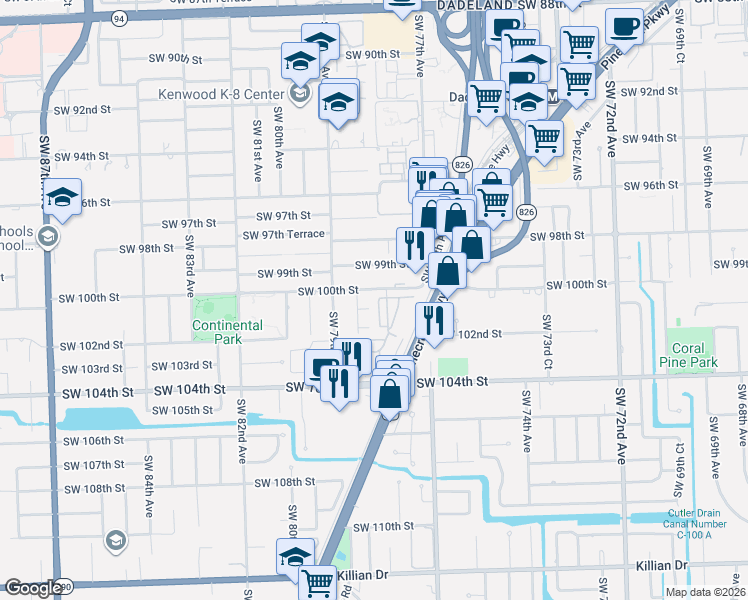 map of restaurants, bars, coffee shops, grocery stores, and more near 10055 Southwest 78th Court in Miami