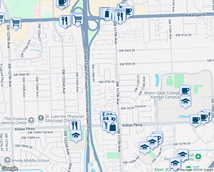 map of restaurants, bars, coffee shops, grocery stores, and more near 9838 Southwest 118th Avenue in Miami