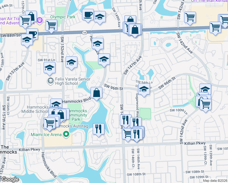 map of restaurants, bars, coffee shops, grocery stores, and more near 9673 Southwest 148th Avenue in Miami