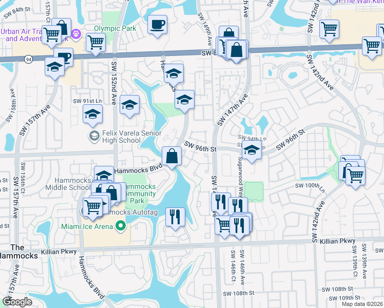 map of restaurants, bars, coffee shops, grocery stores, and more near 9673 Southwest 148th Avenue in Miami